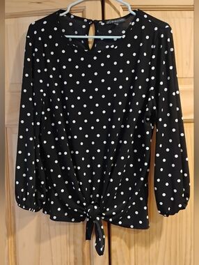 Adruanna Papell Black Polka Dot Tie-Front 3/4 Length Sleeve Top